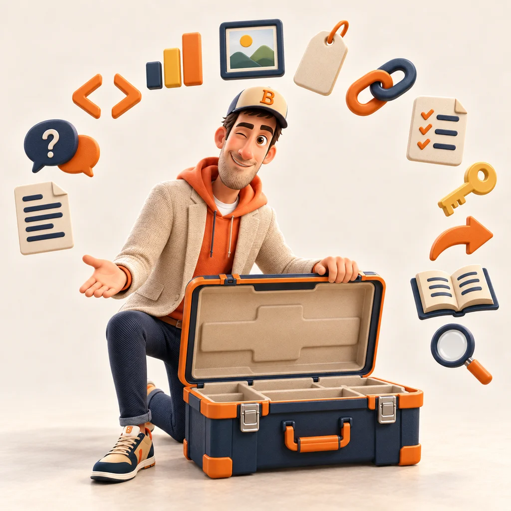 Bernd öffnet zwinkernd seinen Werkzeugkoffer, aus dem die zwölf Deliverable-Icons aufsteigen — Dokument, FAQ, Code, Diagramm, Bild, Tag, Links, Checkliste, Schlüssel, Teilen, Glossar, Lupe